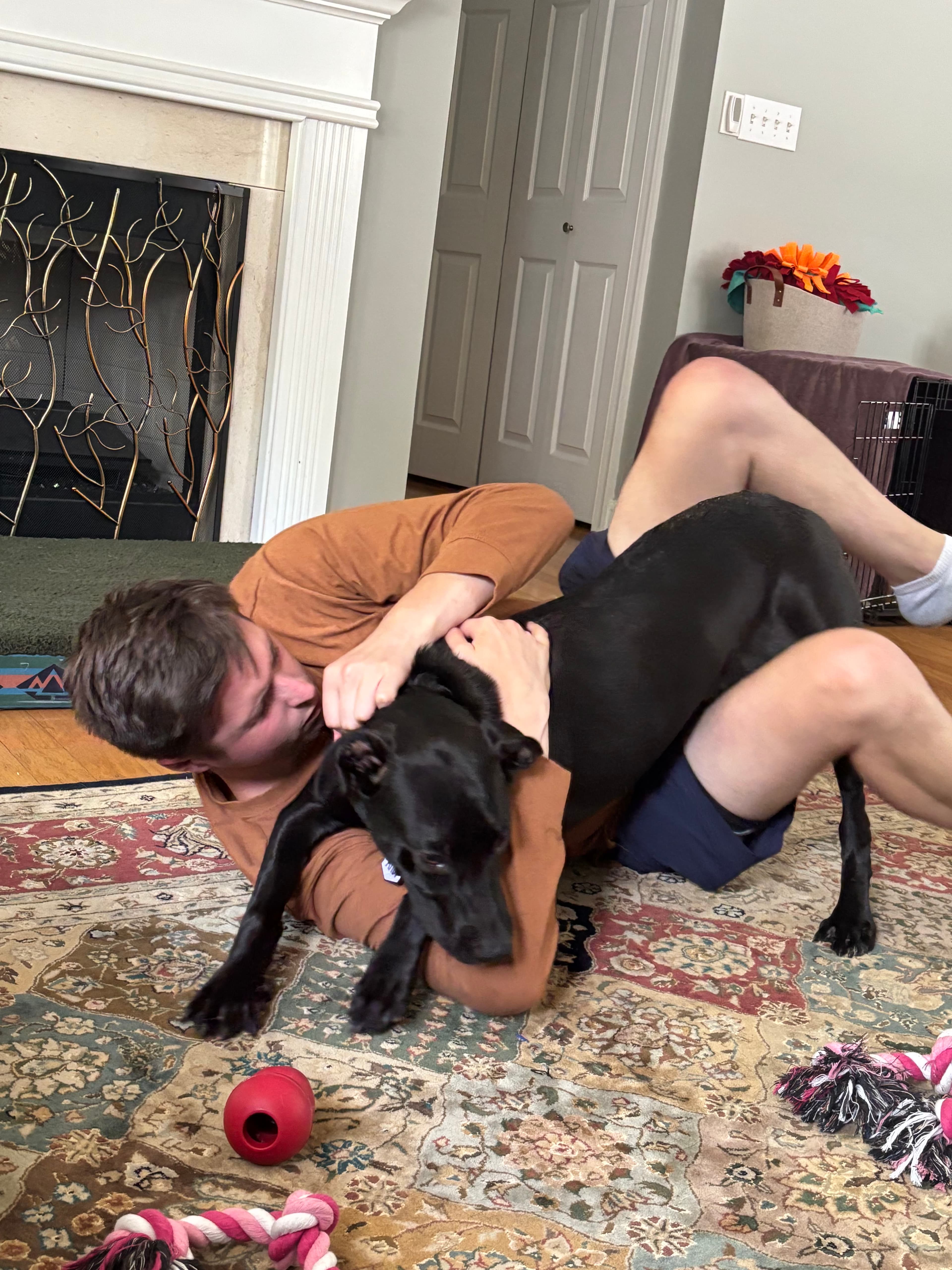 Andi play wrestling on the rug